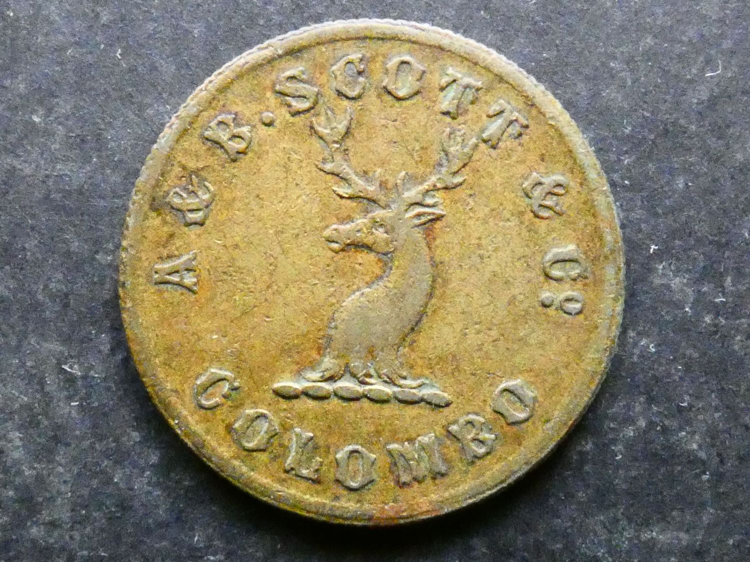 Ceylon, Estate token, A & B Scott, Colombo, 1859. Ceylon, Estate token, A & B Scott, Colombo, 1859.