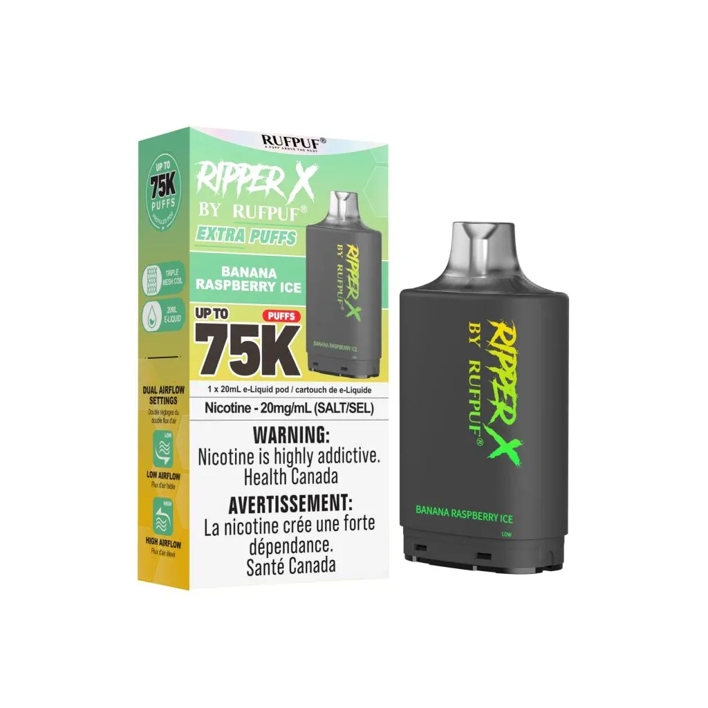 RUFPUF RIPPER X 75K POD 20ml RUFPUF RIPPER X 75K POD 20ml, Flavour: BANANA RASPBERRY ICE w/Excise Duty F/P, Strength: 20mg w/Excise Duty F/P