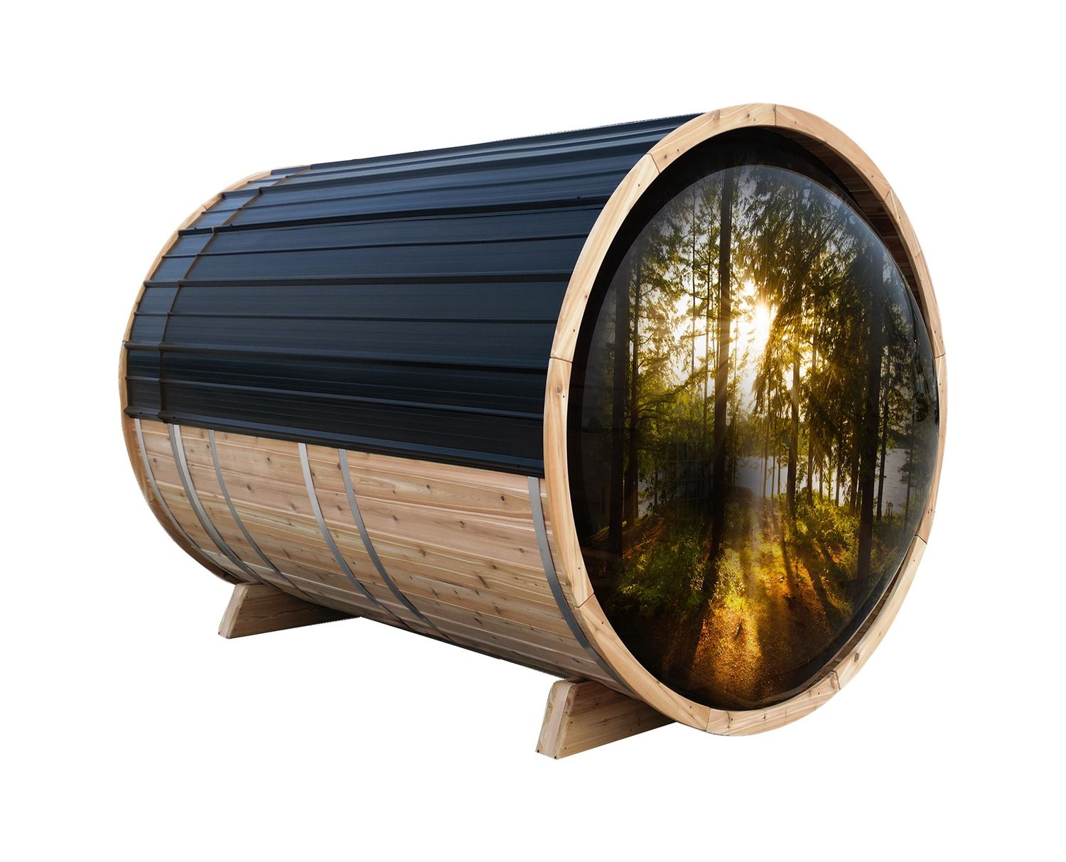 6 Foot Panoramic Barrel Red Cedar Sauna with 2ft Porch, Heater Option: Electric, Roof Option: Black, Stain Upgrade: Natural