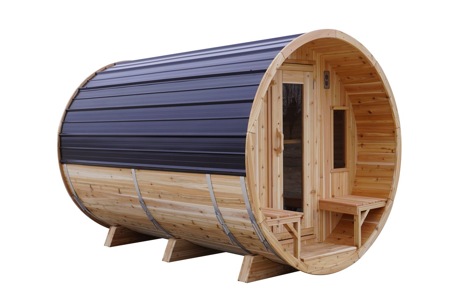8 Foot Panoramic Barrel Red Cedar Sauna with 2ft Porch, Heater Option: Electric, Roof Option: Black, Stain Upgrade: Natural