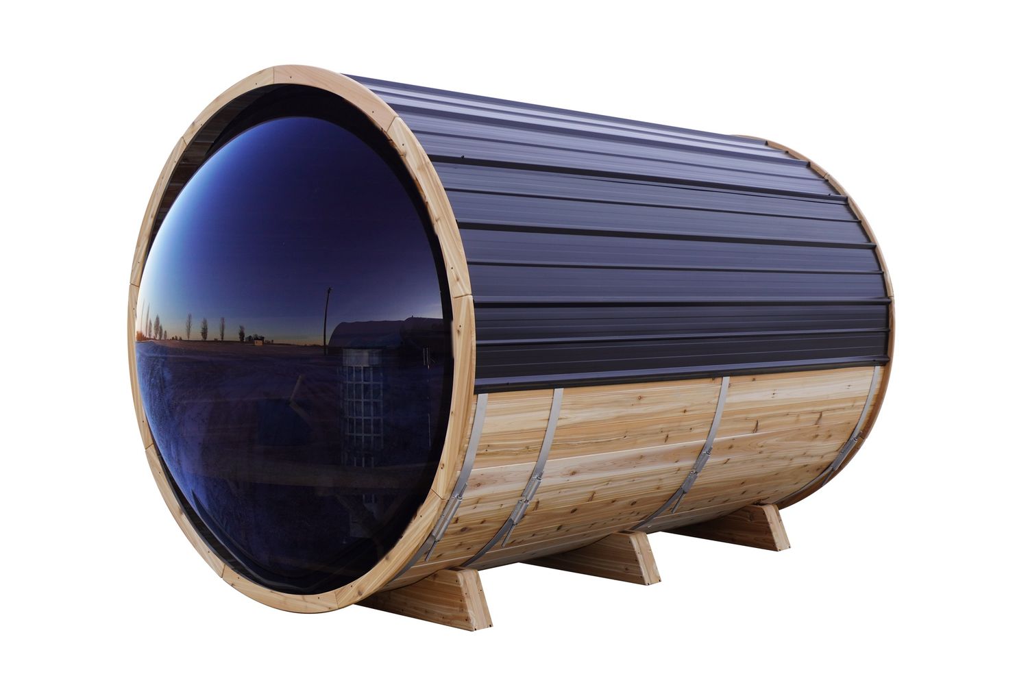 8 Foot Panoramic Barrel Red Cedar Sauna, Heater Option: Electric, Roof Option: Black, Stain Upgrade: Natural