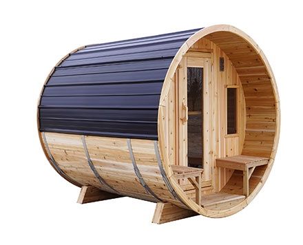 6 Foot Barrel Red Cedar Sauna with 2ft Porch, Heater Option: Electric, Roof Option: Black, Stain Upgrade: Natural