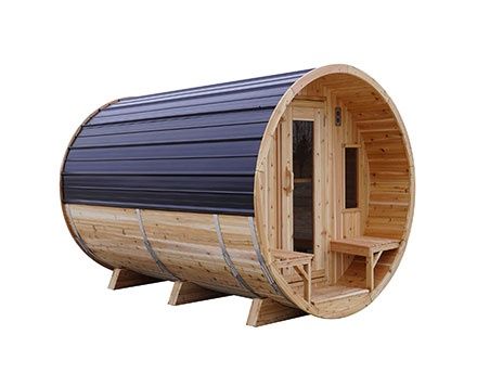 8 Foot Barrel Red Cedar Sauna with 2ft Porch, Heater Option: Electric, Roof Option: Black, Stain Upgrade: Natural