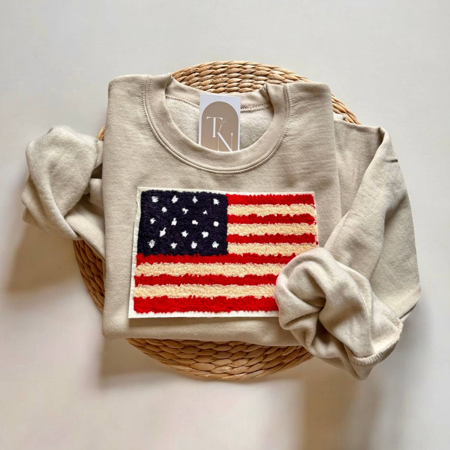 USA Flag Sweatshirt, American Flag Apparel, Color: Beige, Size (Unisex): L