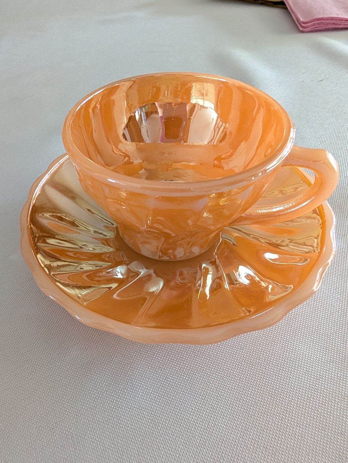 Fire-King Peach Lustre Shell Demitasse Cup &amp; Saucer Set