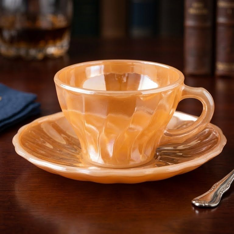 Fire-King Peach Lustre Shell Demitasse Cup &amp; Saucer Set