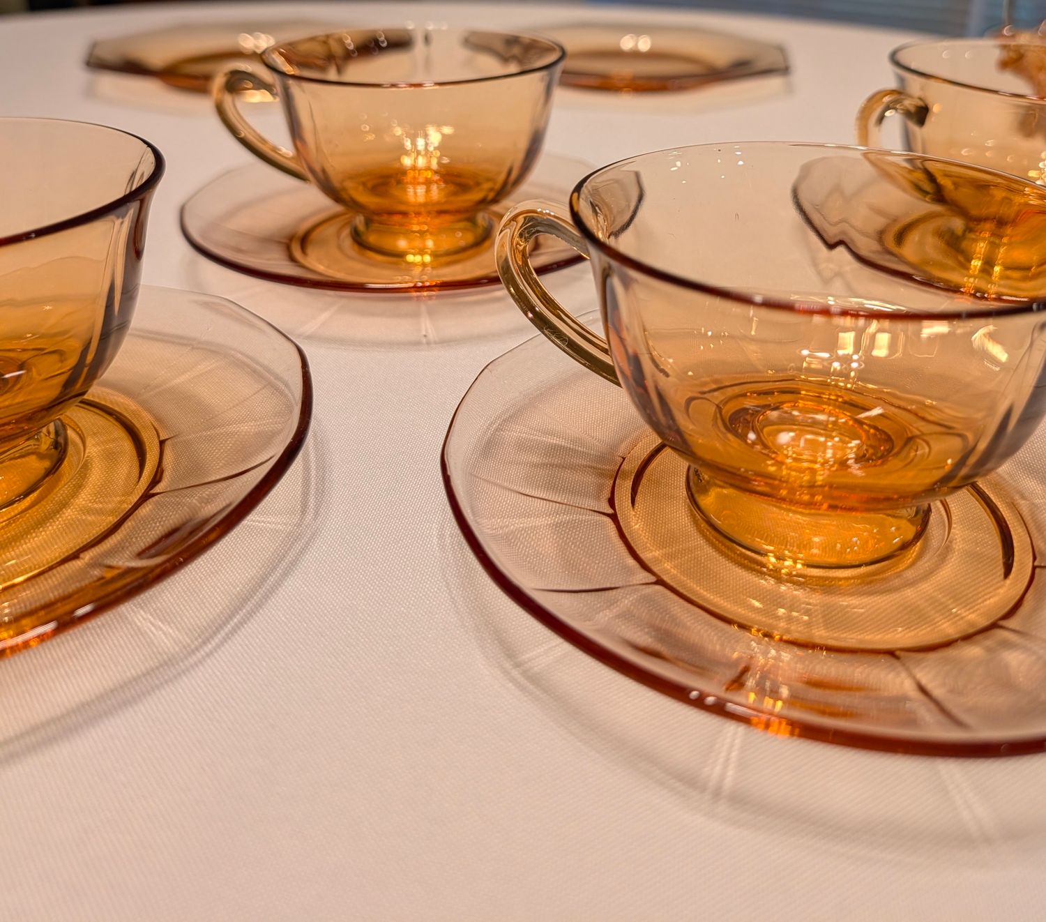 Fostoria Amber Glass Teacups and Saucers