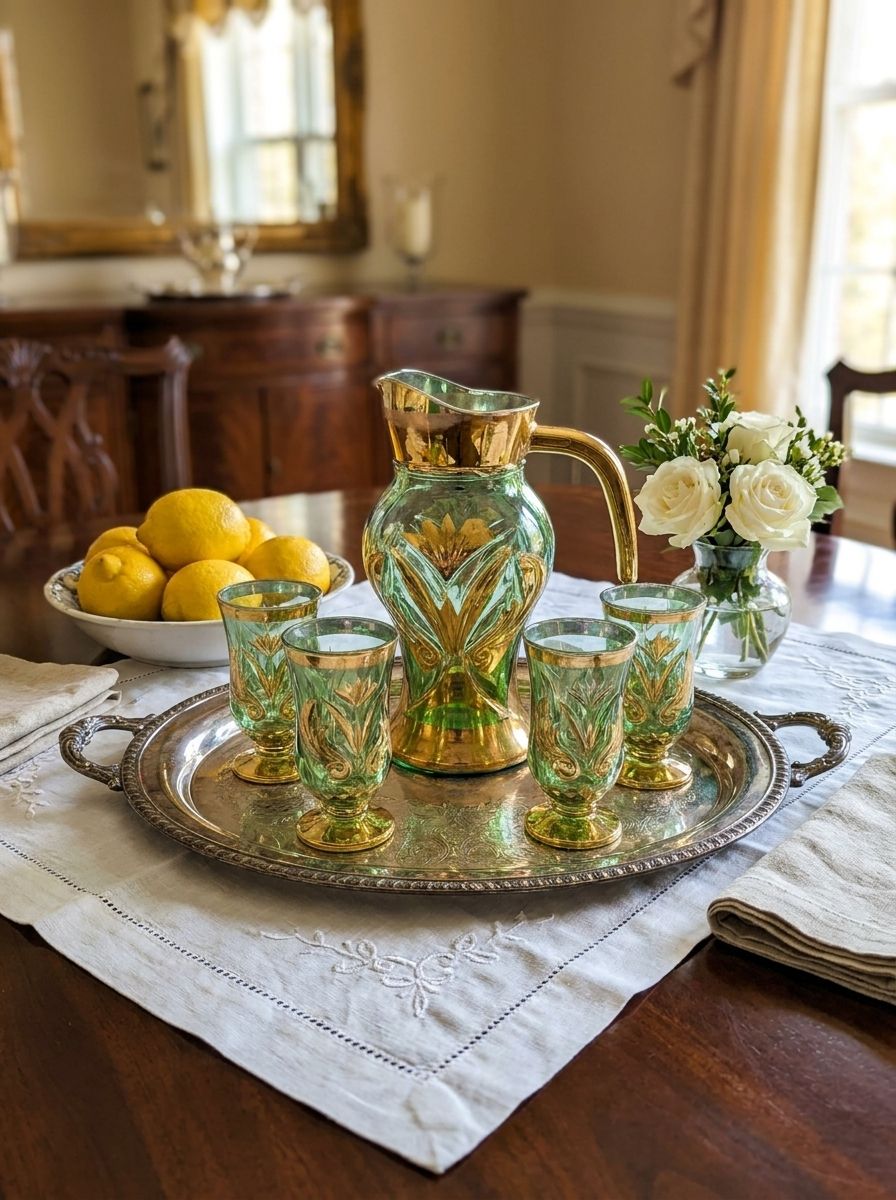 Elegant vintage green glass pitcher and goblet