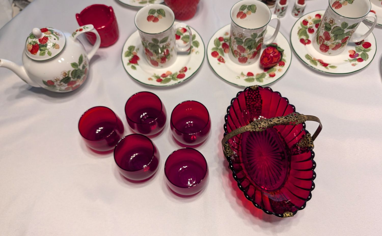 Antique Ruby Red Bride's Basket with an Ornate Ormolu-style Filigree frame, accompanied by 5 matching cordial glasses.