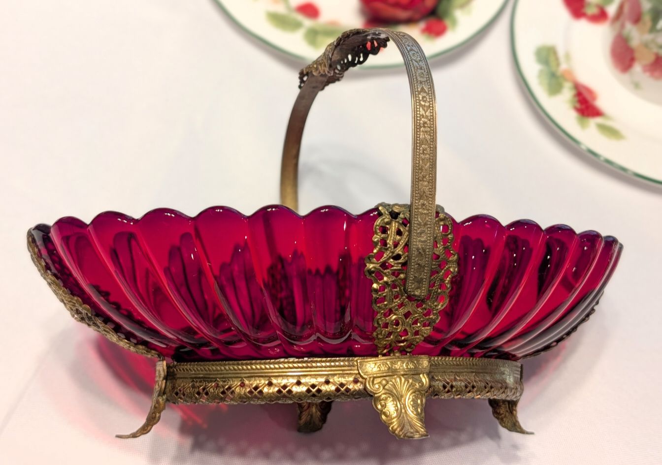 Antique Ruby Red Bride's Basket with an Ornate Ormolu-style Filigree frame, accompanied by 5 matching cordial glasses.