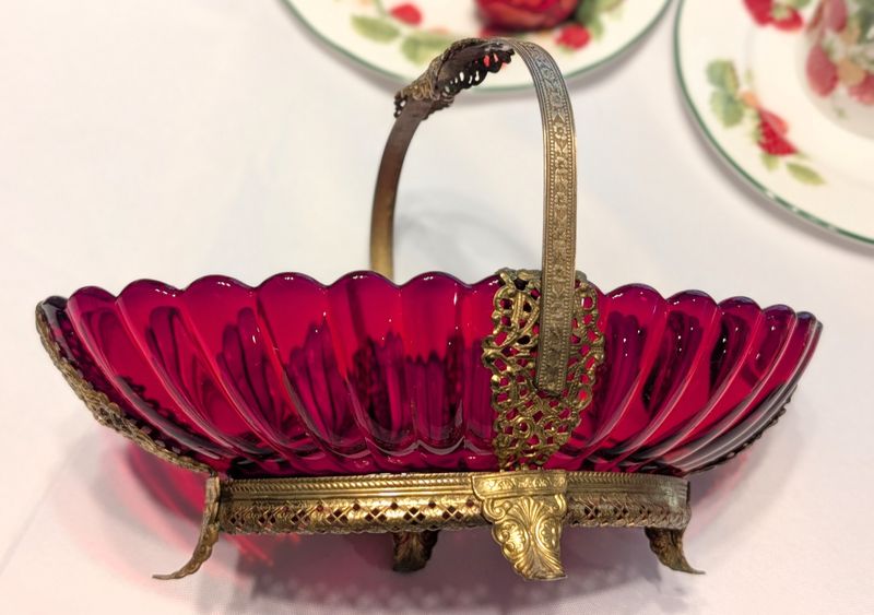 Antique Ruby Red Glass Bride’s Basket with Ormolu-Style Frame &amp; Five Cordial Glasses