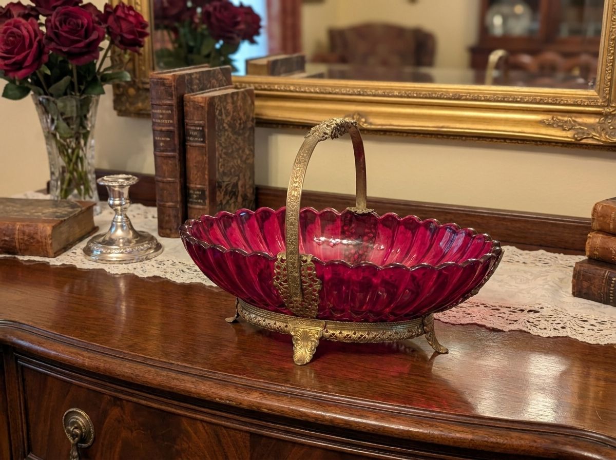 Antique Ruby Red Glass Bride’s Basket with Ormolu-Style Frame &amp; Five Cordial Glasses