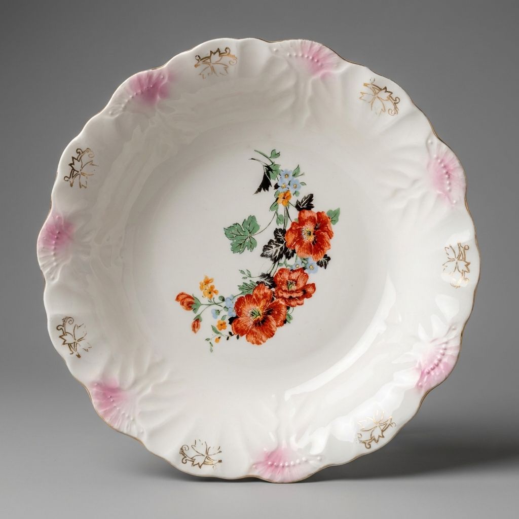 Exceptional 1940s Vintage Hand-Painted Floral China Plate — Gold &amp; Poppy Motif