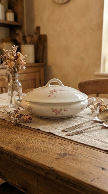 Antique French Porcelain Tureen or Covered Serving Dish, Circa 1890–1915 — Hand-Painted Roses &amp; Gilt Decoration