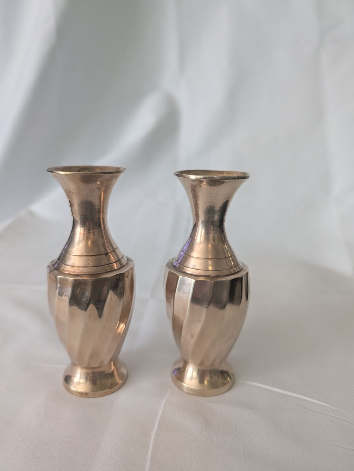 ​2 Vintage Indian Brass Bud Vase or Candle Holder — Sculptural Ribbed Form