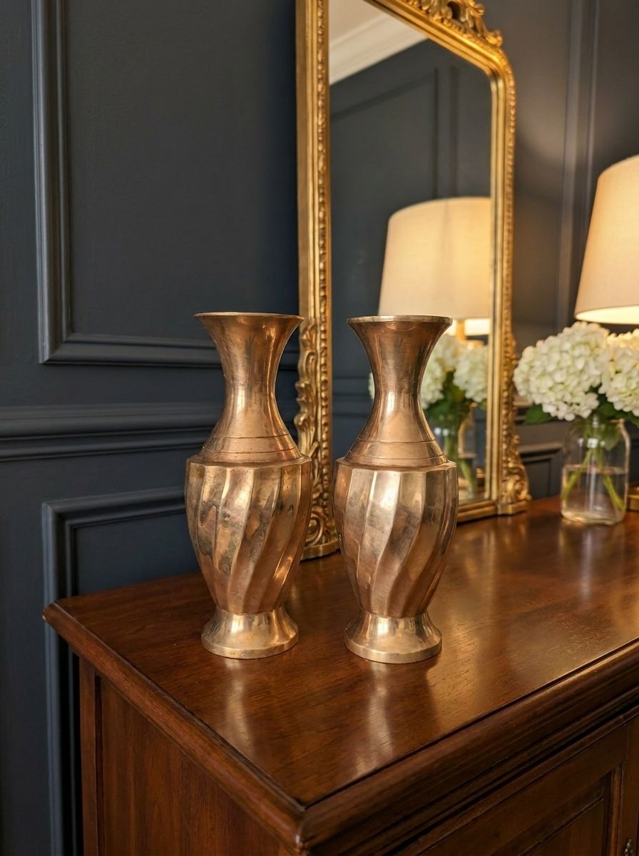​2 Vintage Indian Brass Bud Vase or Candle Holder — Sculptural Ribbed Form