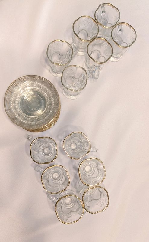 Exceptional Set of 24 French Antique Cordial &amp; Liqueur Glasses — Art Nouveau Inspired with Gilt Rose Decoration