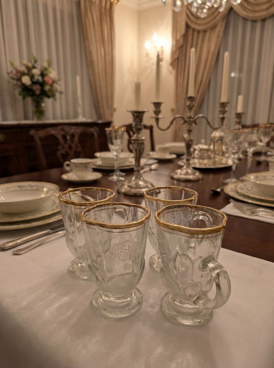 Exceptional Set of 24 French Antique Cordial &amp; Liqueur Glasses — Art Nouveau Inspired with Gilt Rose Decoration