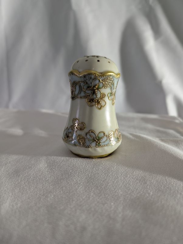 Antique Porcelain Sugar Shaker with Raised Gilt Floral Decoration - Perfect for a Hat Pin Holder