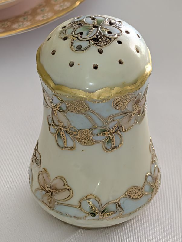 Antique Porcelain Sugar Shaker with Raised Gilt Floral Decoration - Perfect for a Hat Pin Holder