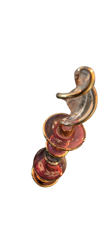 Vintage Egyptian Hand-Blown Pink Glass Perfume Bottle – Gold Gilt Floral Design – 6¼"