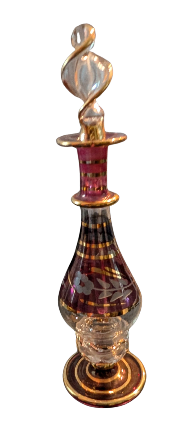 Vintage Egyptian Hand-Blown Pink Glass Perfume Bottle – Gold Gilt Floral Design – 6¼"