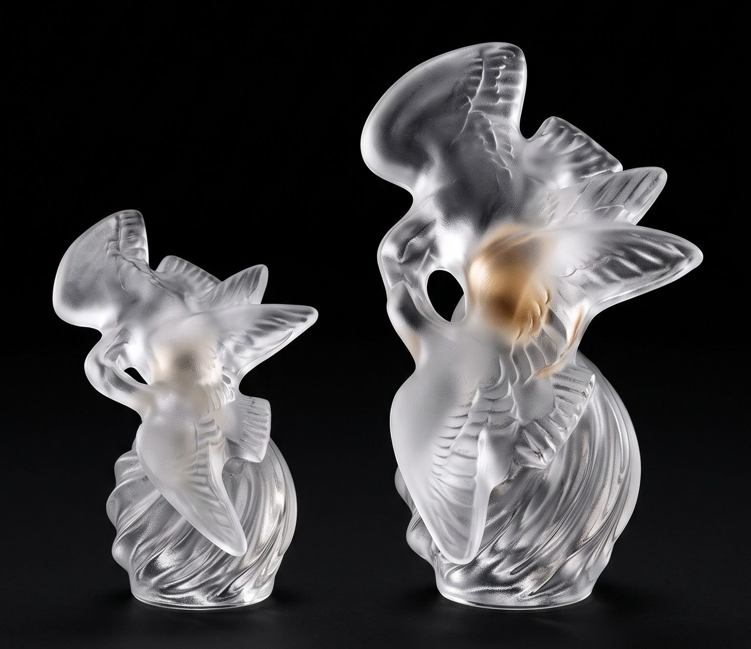 Authentic Lalique for Nina Ricci L’Air du Temps Crystal Dove Perfume Bottles — Graduated Pair