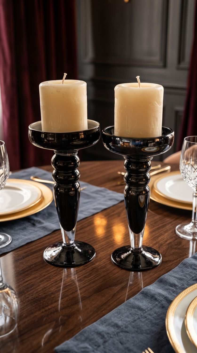 Val Saint Lambert “Ingo” Black Crystal Candlesticks – Pair