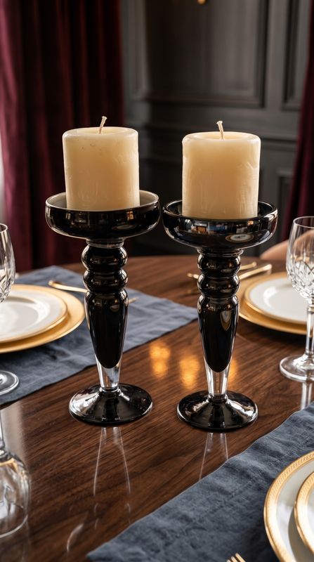 Val Saint Lambert “Ingo” Black Crystal Candlesticks – Pair
