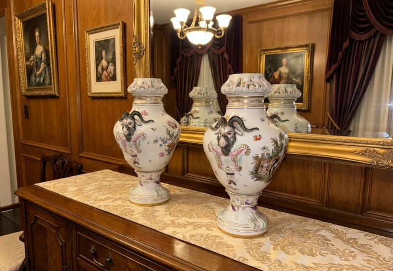 19th-Century German Dresden-Style Porcelain Urns with Ram's Head Handles — Matched Pair