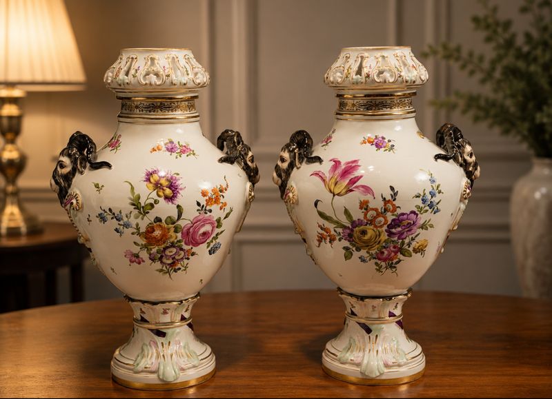 19th-Century German Dresden-Style Porcelain Urns with Ram's Head Handles — Matched Pair