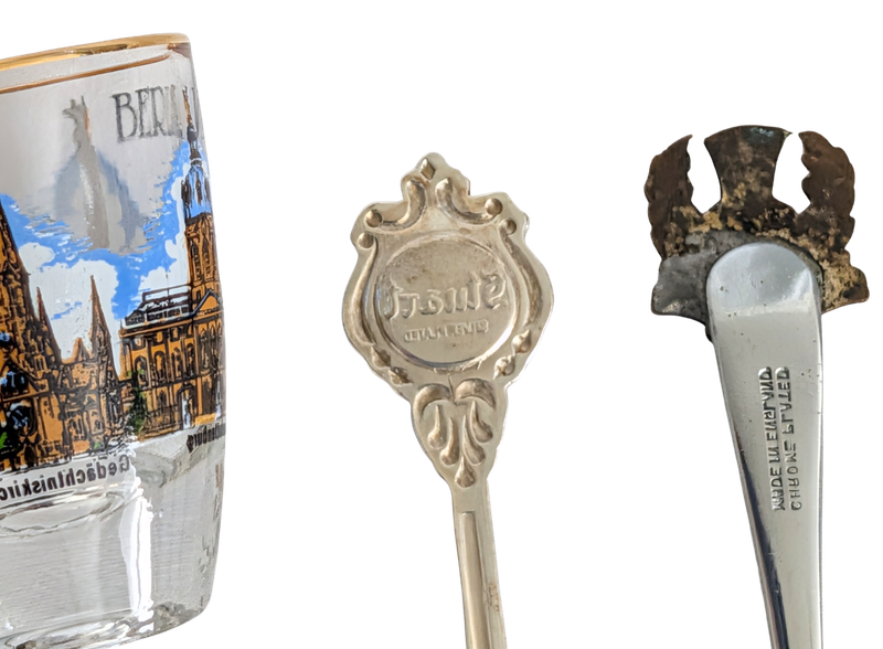 Vintage European Travel Souvenir Collection — Berlin Glass &amp; Two Collectible Spoons - Silver Plated and Ornate Silvertone