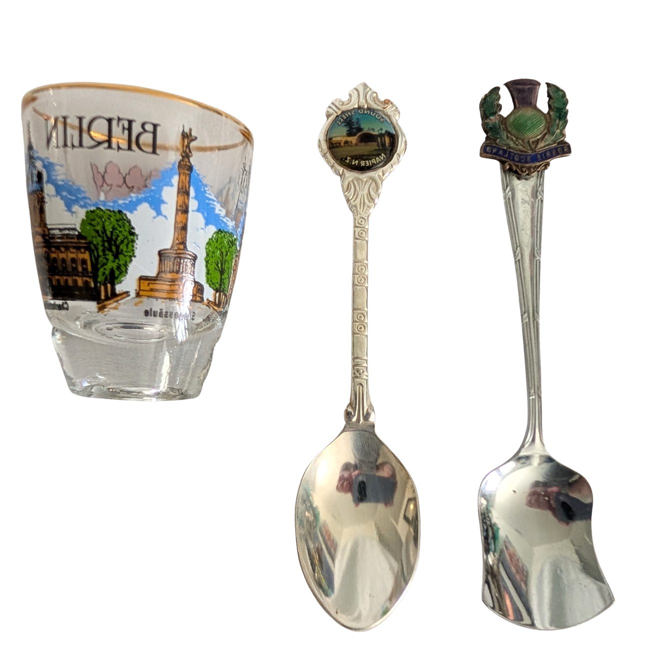 Vintage European Travel Souvenir Collection — Berlin Glass &amp; Two Collectible Spoons - Silver Plated and Ornate Silvertone