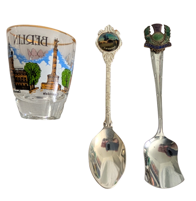 Vintage European Travel Souvenir Collection — Berlin Glass &amp; Two Collectible Spoons - Silver Plated and Ornate Silvertone