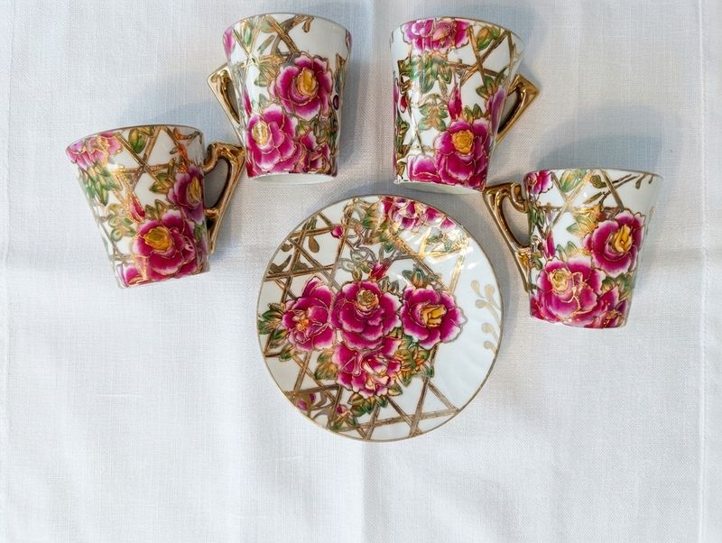Vintage Limoges France Porcelain Demitasse Cups &amp; Saucers — Pink Floral &amp; Elaborate Gold, Set of 4