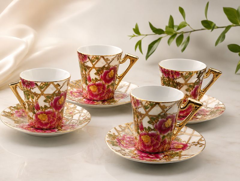 Vintage Limoges France Porcelain Demitasse Cups &amp; Saucers — Pink Floral &amp; Elaborate Gold, Set of 4