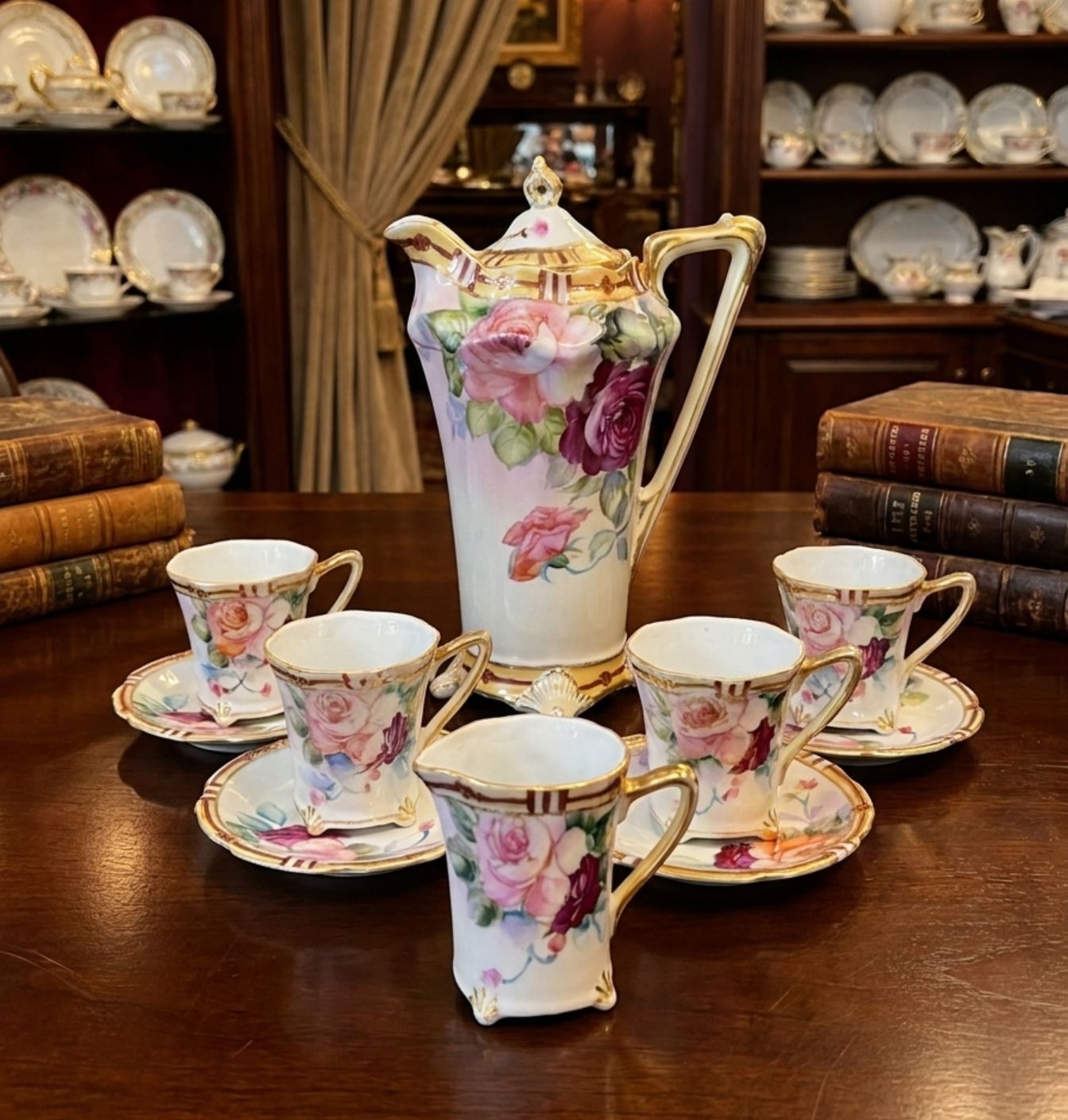 Antique Hand-Painted Nippon Chocolate Set -Roses &amp; Gold 11 Piece
