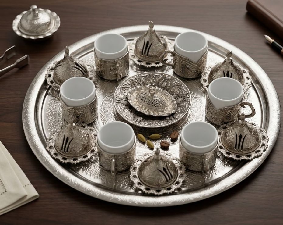 ​Ornate Turkish Coffee Service for Six | 34-Piece Silver-Tone Set