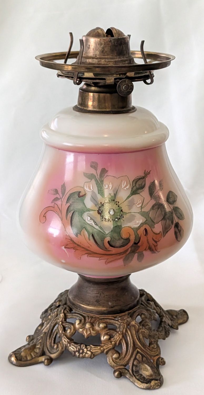 Antique Hand-Painted Pink Milk Glass Kerosene Oil Lamp | Circa 1890–1915