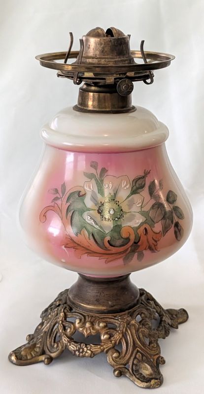 Antique Hand-Painted Pink Milk Glass Kerosene Oil Lamp | Circa 1890–1915