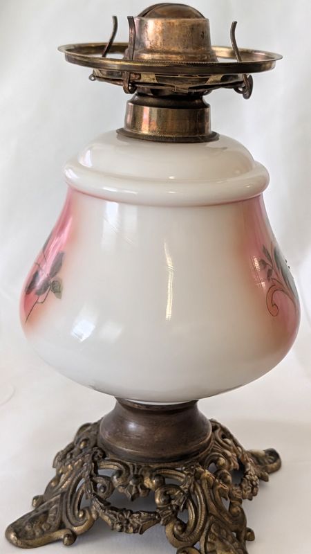 Antique Hand-Painted Pink Milk Glass Kerosene Oil Lamp | Circa 1890–1915