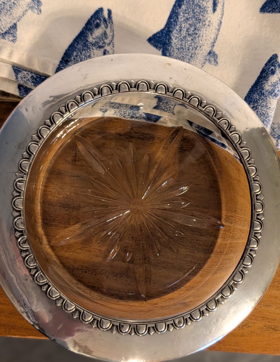 Vintage W &amp; S Blackinton Silverplate Bottle Coasters | Starburst Glass | Set of 2