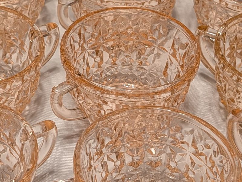 Vintage Jeannette Holiday Pink Depression Glass Cups — Eight Cups &amp; One Replacement Cup