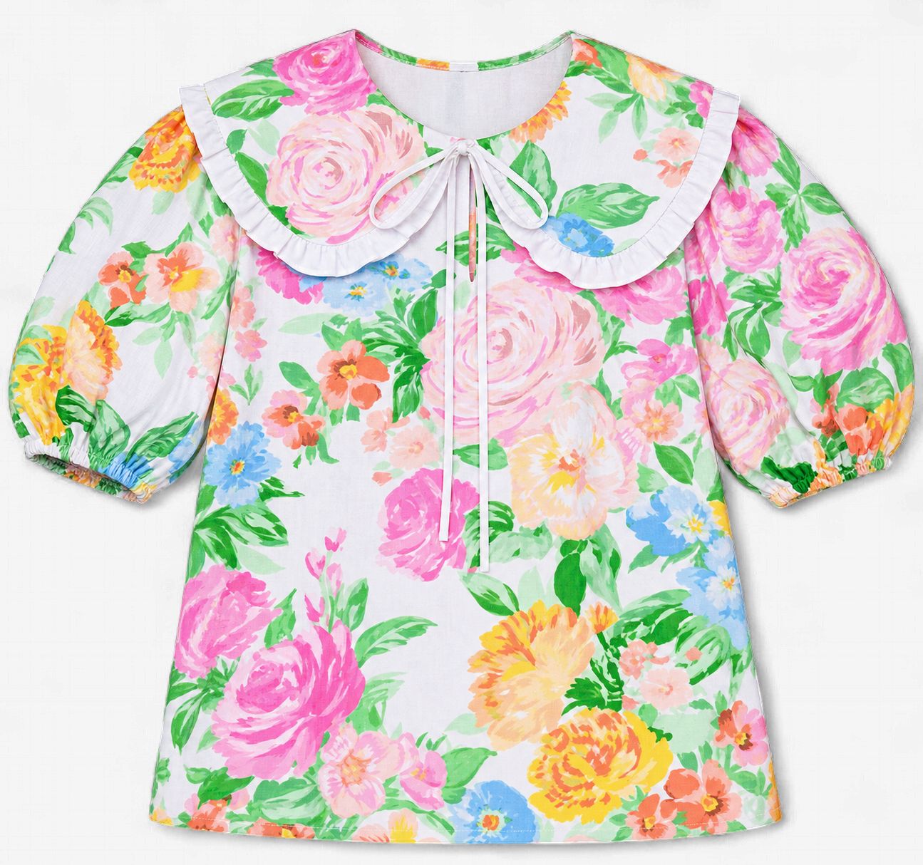 Garden Flower Print Cotton Top With Collar