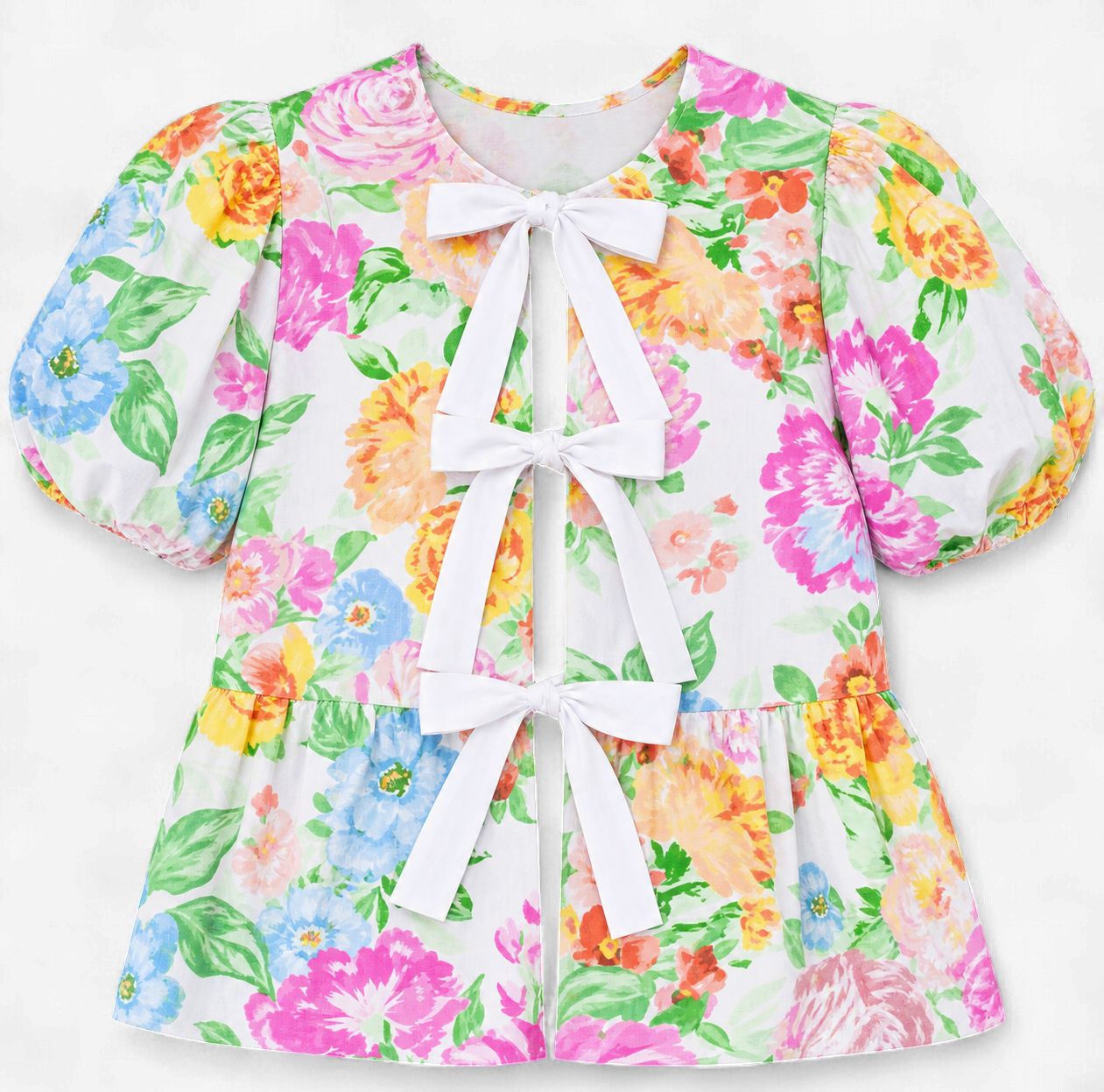 Garden Flower Print Cotton Top With Front Ribbon Garden Flower Print Cotton Top With Front Ribbon