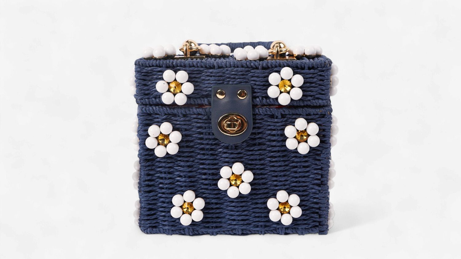 Wicker Bucket Daisy Flower Purse: Navy + White Daisy