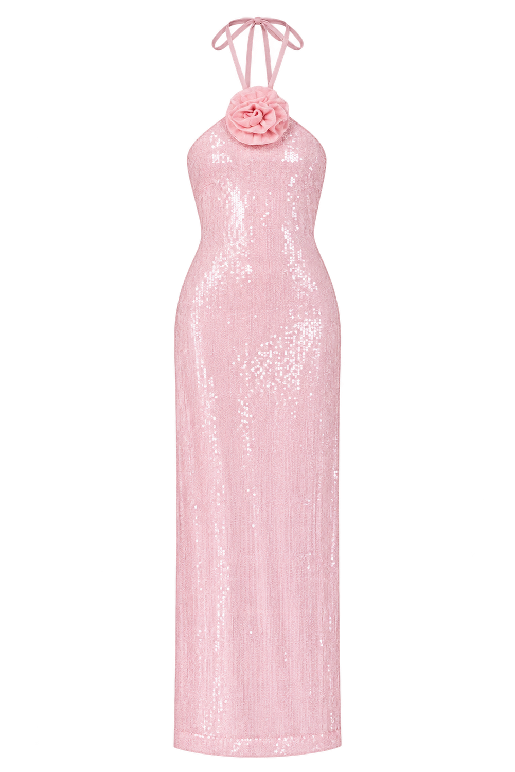 Rose Haltered Sequins Maxi Dress in Baby Pink Rose Haltered Sequins Maxi Dress in Baby Pink