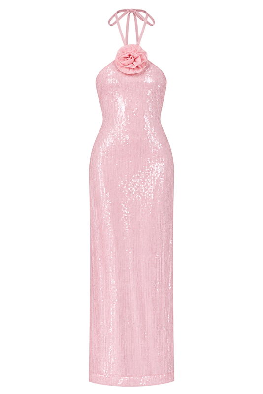 Rose Haltered Sequins Maxi Dress in Baby Pink
