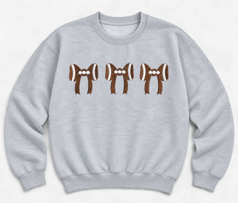 Football Bows Embroidered Crewneck in Ash Grey