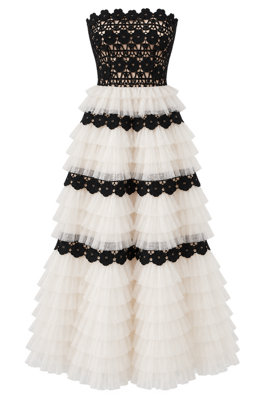 STRAPLESS RUFFLED MAXI DRESS: IVORY AND BLACK
